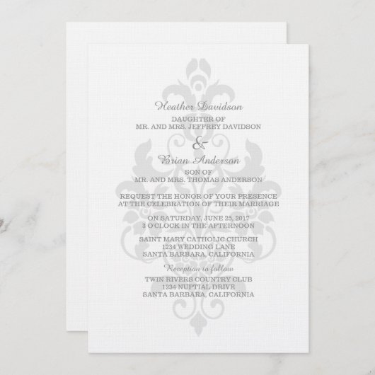 Gray subtle Damask Wedite Invite Einladung (Vorne/Hinten)