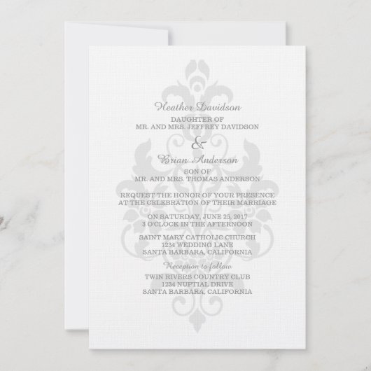 Gray subtle Damask Wedite Invite Einladung (Vorderseite)