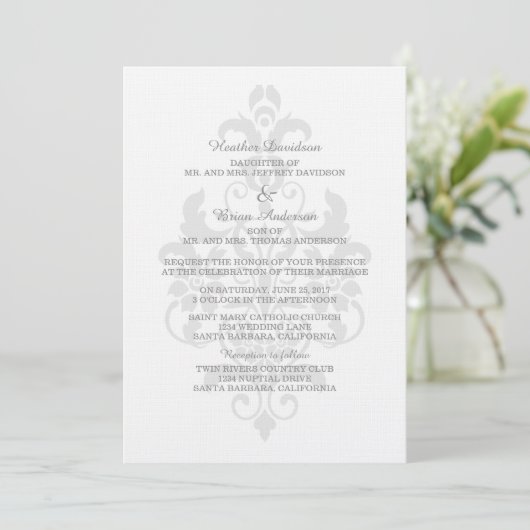 Gray subtle Damask Wedite Invite Einladung (Stehend Vorderseite)