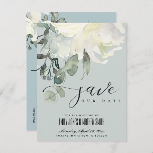 GRAY SUBTLE IVORY WHITE FLORAL BUNCH SAVE THE DATE ANKÜNDIGUNGSPOSTKARTE (Vorne/Hinten)