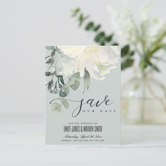 GRAY SUBTLE IVORY WHITE FLORAL BUNCH SAVE THE DATE ANKÜNDIGUNGSPOSTKARTE (Stehend Vorderseite)