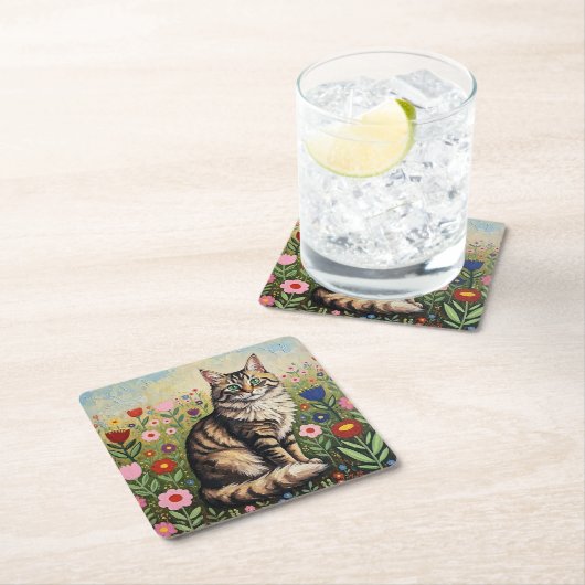 Gray Tabby Cat and Folk Art Flowers  Rechteckiger Pappuntersetzer (Vor Ort)