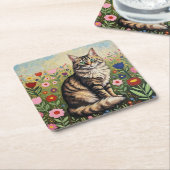 Gray Tabby Cat and Folk Art Flowers Rechteckiger Pappuntersetzer (angewinkelt)