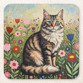 Gray Tabby Cat and Folk Art Flowers  Rechteckiger Pappuntersetzer (Vorderseite)
