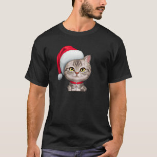 Gray Tabby Cat in Santa Claus Hat Christmas T Shir T-Shirt