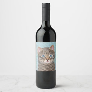 Gray Tabby Cat Malerei - Niedliche Original Katze Weinetikett
