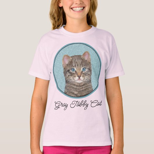 Gray Tabby Cat Painting - Niedlich Original Cat Ar T-Shirt (Vorderseite)