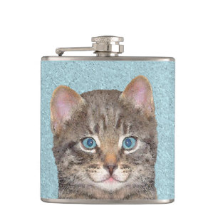 Gray Tabby Cat Painting - Niedliche Original Cat A Flachmann