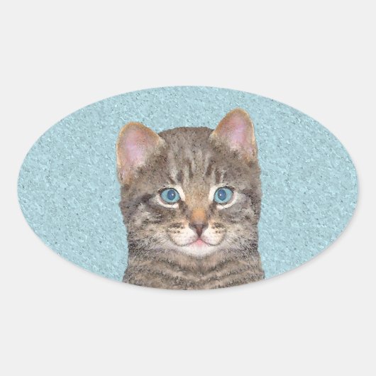 Gray Tabby Cat Painting - Niedliche Original Cat A Ovaler Aufkleber (Vorderseite)