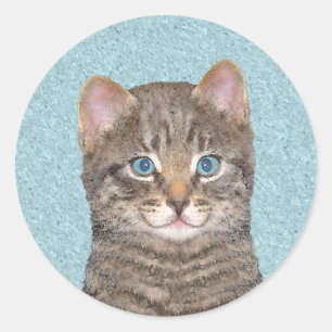 Gray Tabby Cat Painting - Niedliche Original Cat A Runder Aufkleber