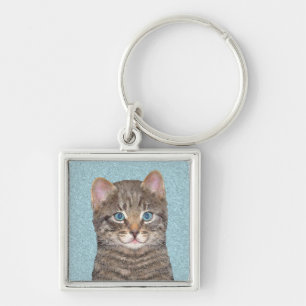 Gray Tabby Cat Painting - Niedliche Original Cat A Schlüsselanhänger