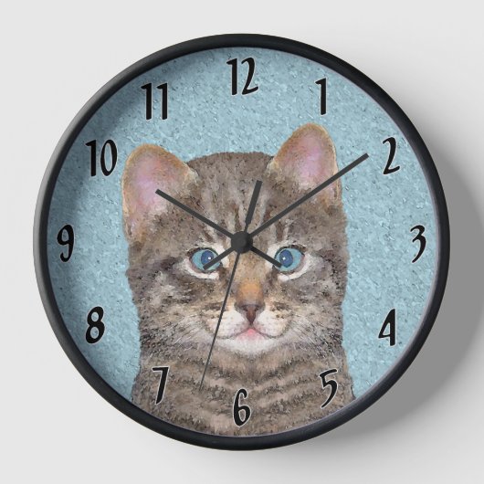 Gray Tabby Cat Painting - Niedliche Original Cat A Uhr (Vorderseite)