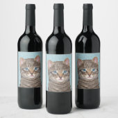 Gray Tabby Cat Painting - Niedliche Original Cat A Weinetikett (Flaschen)