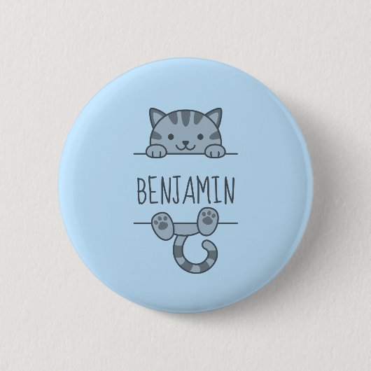 Gray Tabby Cat Peeking hinter Individuelle Name Bl Button (Vorderseite)