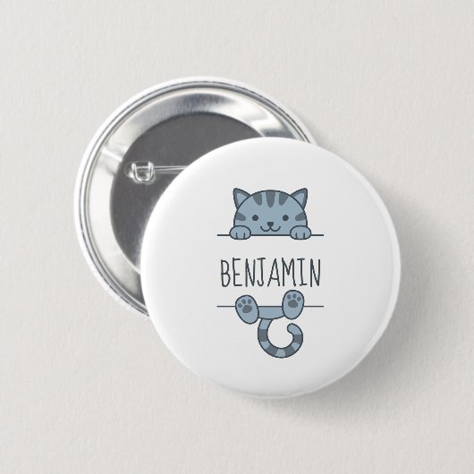 Gray Tabby Cat Peeking hinter Individuelle Name Button (Vorne & Hinten)