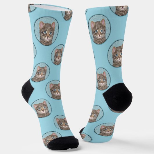 Gray Tabby Cat Portrait Malerei Niedliche Kunst Socken (Gewinkelt)
