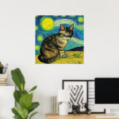 Gray Tabby Cat Starry Night Artwork Van Gogh Poster (Heimbüro)