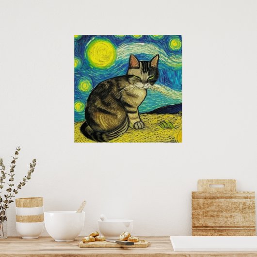 Gray Tabby Cat Starry Night Artwork Van Gogh Poster (Küche)