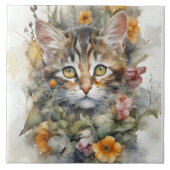 Gray Tabby Katze mit Blume Portrait Fliese (Vorderseite)