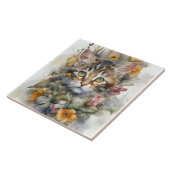 Gray Tabby Katze mit Blume Portrait Fliese (Seite)