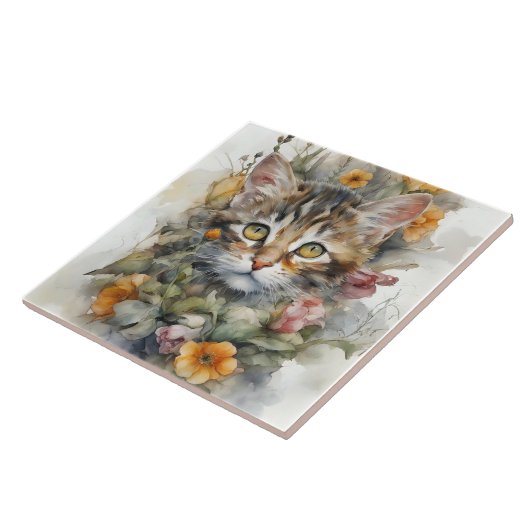 Gray Tabby Katze mit Blume Portrait Fliese (Seite)