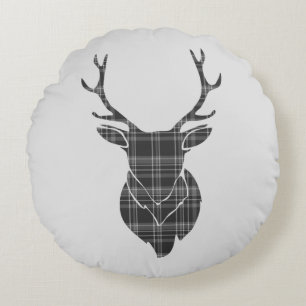 Gray Tartan Muster und Stag Head Antler Rustikal Rundes Kissen