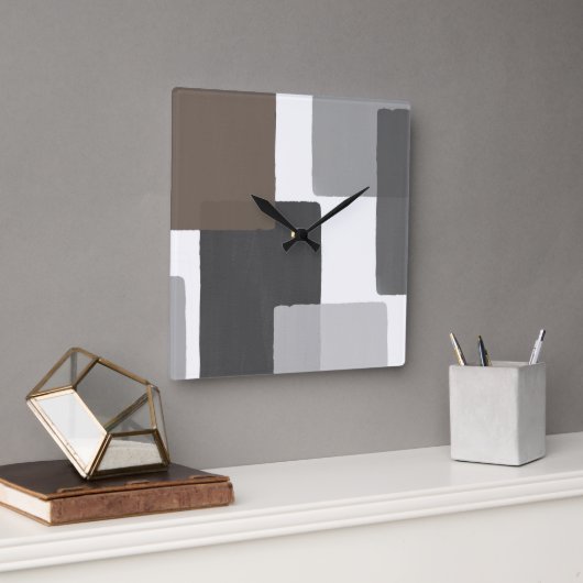 Gray Taupe White Geometric Modern Minimalistisch Quadratische Wanduhr (Büro)