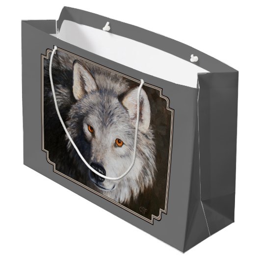 Gray Timber Wolf Face Portrait Große Geschenktüte (Rückseite Schrägansicht)
