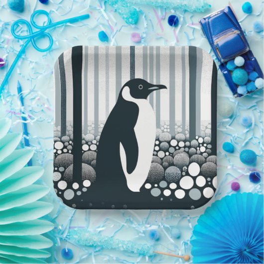 Gray Tones Dark Night Geometry Pinguin Forest Pappteller (Party)