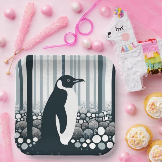 Gray Tones Dark Night Geometry Pinguin Forest Pappteller (Party)