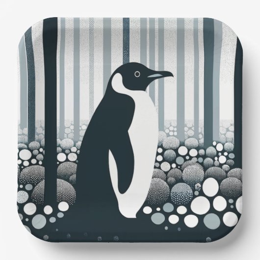 Gray Tones Dark Night Geometry Pinguin Forest Pappteller (Vorderseite)