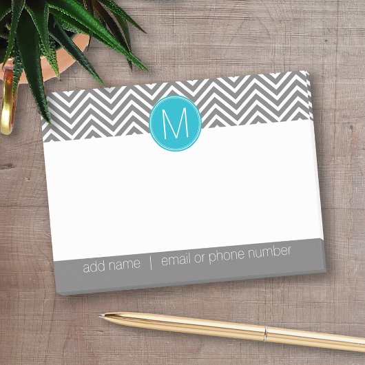 Gray und Aqua Blue Chevrons mit One Monogram Post-it Klebezettel