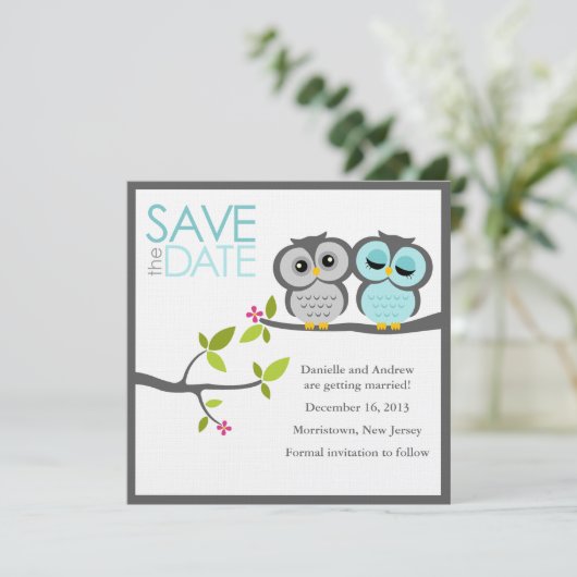 Gray und Aqua Owls Wedding Save the Date (Stehend Vorderseite)