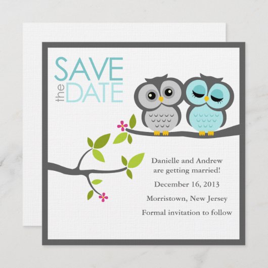 Gray und Aqua Owls Wedding Save the Date (Vorne/Hinten)