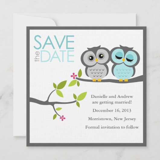 Gray und Aqua Owls Wedding Save the Date (Vorderseite)