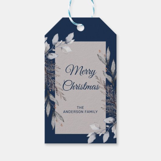 Gray und Navy Blue Winter Foliage Frohe Weihnachte Geschenkanhänger (Vorderseite)