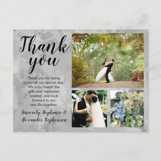 Gray Watercolor Wedding Danke Custom 3 Foto Postkarte (Vorderseite)