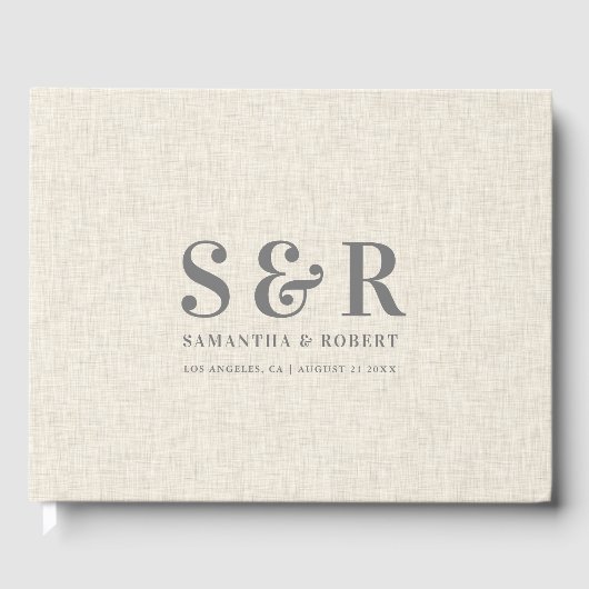 Gray Wedding Monogram Beige Linen Gästebuch (Vorderseite)