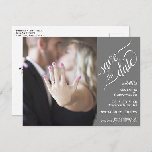 Gray Wedding Save the Date Foto & Calligrafy Ankündigungspostkarte (Vorne/Hinten)