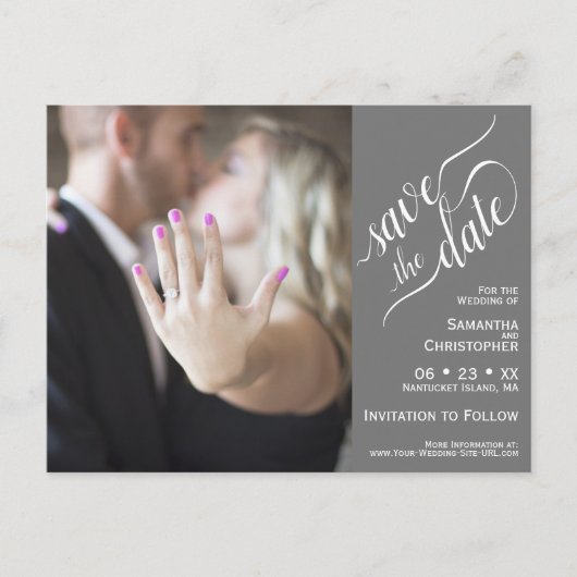 Gray Wedding Save the Date Foto & Calligrafy Ankündigungspostkarte (Vorderseite)