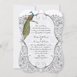Gray Whimsical Peacock Love Bird Pattern Wedding Einladung