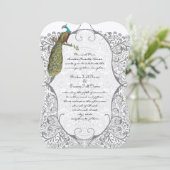 Gray Whimsical Peacock Love Bird Pattern Wedding Einladung (Stehend Vorderseite)