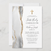 Gray White Agate Gold Glitzer Erste Heilige Kommun Einladung (Vorderseite)