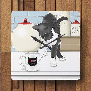 Gray White Cat Funny Tee Tasse Küche Quadratische Wanduhr