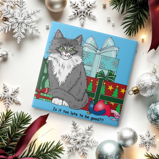 Gray White Christmas Kitten Fliese