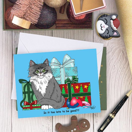 Gray White Christmas Kitten Karte