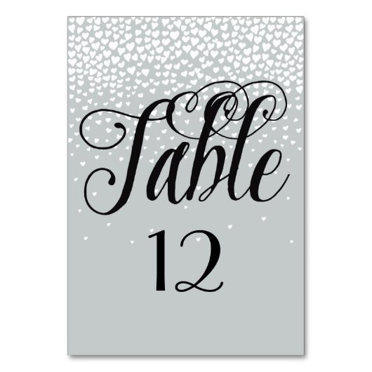 Gray White Confetti Hearts Tischnummer (Vorderseite)