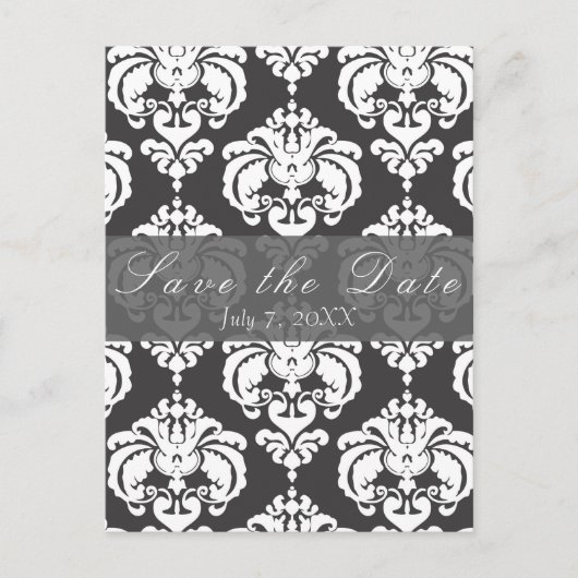Gray & White Damask Chic Wedding Save the Date Ankündigungspostkarte (Vorderseite)
