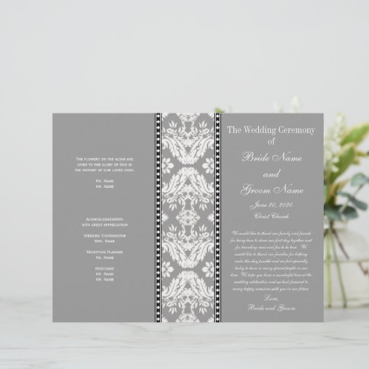 Gray White Damask Hochzeitsprogramm (Stehend Vorderseite)