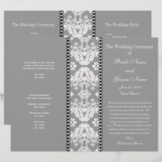 Gray White Damask Hochzeitsprogramm (Vorne/Hinten)